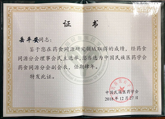 喜訊！恭喜岳平安董事長榮獲“中國民族醫(yī)藥學會藥食同源分會副會長”